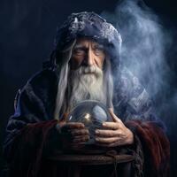 Man telling from a crystal ball dressed as a mysterious fortune teller AI Generative photo