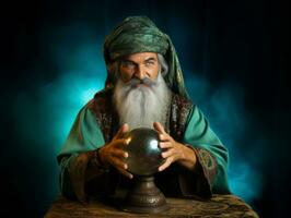 Man telling from a crystal ball dressed as a mysterious fortune teller AI Generative photo