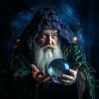 Man telling from a crystal ball dressed as a mysterious fortune teller AI Generative photo