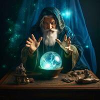 Man telling from a crystal ball dressed as a mysterious fortune teller AI Generative photo