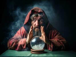 Man telling from a crystal ball dressed as a mysterious fortune teller AI Generative photo