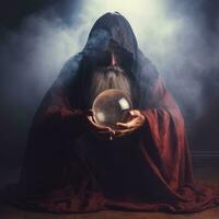 Man telling from a crystal ball dressed as a mysterious fortune teller AI Generative photo