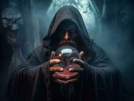 Man telling from a crystal ball dressed as a mysterious fortune teller AI Generative photo