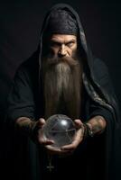 Man telling from a crystal ball dressed as a mysterious fortune teller AI Generative photo