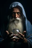 Man telling from a crystal ball dressed as a mysterious fortune teller AI Generative photo