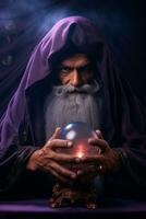 Man telling from a crystal ball dressed as a mysterious fortune teller AI Generative photo