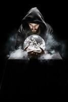 Man telling from a crystal ball dressed as a mysterious fortune teller AI Generative photo