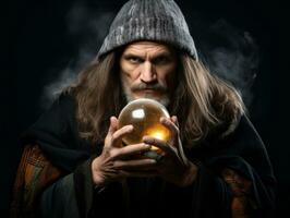 Man telling from a crystal ball dressed as a mysterious fortune teller AI Generative photo