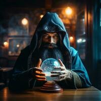 Man telling from a crystal ball dressed as a mysterious fortune teller AI Generative photo