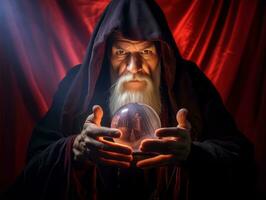 Man telling from a crystal ball dressed as a mysterious fortune teller AI Generative photo