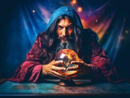 hombre narración desde un cristal pelota vestido como un misterioso fortuna cajero ai generativo foto