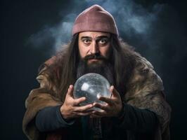 Man telling from a crystal ball dressed as a mysterious fortune teller AI Generative photo