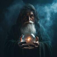 Man telling from a crystal ball dressed as a mysterious fortune teller AI Generative photo