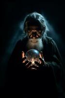 Man telling from a crystal ball dressed as a mysterious fortune teller AI Generative photo