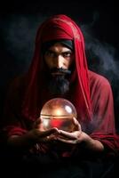 Man telling from a crystal ball dressed as a mysterious fortune teller AI Generative photo