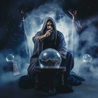 Man telling from a crystal ball dressed as a mysterious fortune teller AI Generative photo