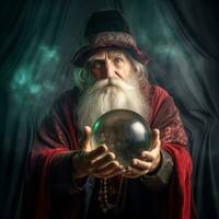 Man telling from a crystal ball dressed as a mysterious fortune teller AI Generative photo