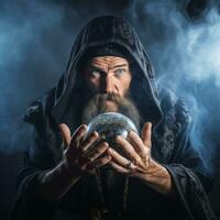 Man telling from a crystal ball dressed as a mysterious fortune teller AI Generative photo