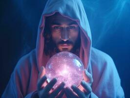 Man telling from a crystal ball dressed as a mysterious fortune teller AI Generative photo