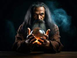 Man telling from a crystal ball dressed as a mysterious fortune teller AI Generative photo