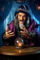 Man telling from a crystal ball dressed as a mysterious fortune teller AI Generative photo