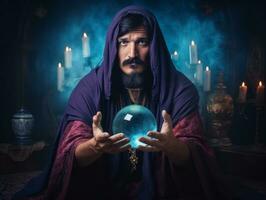 Man telling from a crystal ball dressed as a mysterious fortune teller AI Generative photo