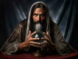 Man telling from a crystal ball dressed as a mysterious fortune teller AI Generative photo