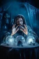 Man telling from a crystal ball dressed as a mysterious fortune teller AI Generative photo