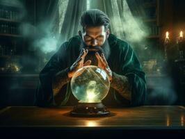 Man telling from a crystal ball dressed as a mysterious fortune teller AI Generative photo