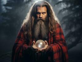 Man telling from a crystal ball dressed as a mysterious fortune teller AI Generative photo