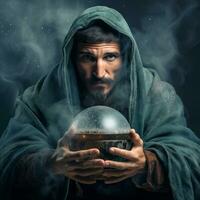 Man telling from a crystal ball dressed as a mysterious fortune teller AI Generative photo