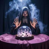 Man telling from a crystal ball dressed as a mysterious fortune teller AI Generative photo