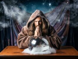 Man telling from a crystal ball dressed as a mysterious fortune teller AI Generative photo