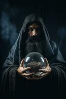 Man telling from a crystal ball dressed as a mysterious fortune teller AI Generative photo