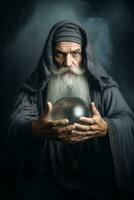 Man telling from a crystal ball dressed as a mysterious fortune teller AI Generative photo