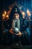 Man telling from a crystal ball dressed as a mysterious fortune teller AI Generative photo