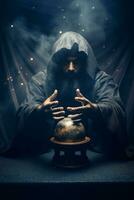 Man telling from a crystal ball dressed as a mysterious fortune teller AI Generative photo