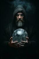 Man telling from a crystal ball dressed as a mysterious fortune teller AI Generative photo