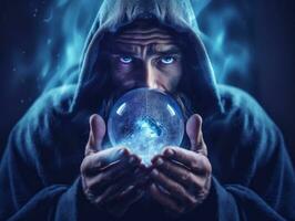 hombre narración desde un cristal pelota vestido como un misterioso fortuna cajero ai generativo foto