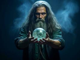 Man telling from a crystal ball dressed as a mysterious fortune teller AI Generative photo