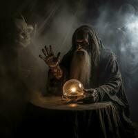 Man telling from a crystal ball dressed as a mysterious fortune teller AI Generative photo