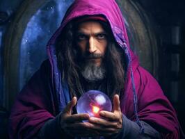 Man telling from a crystal ball dressed as a mysterious fortune teller AI Generative photo