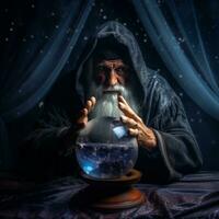 Man telling from a crystal ball dressed as a mysterious fortune teller AI Generative photo