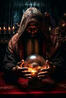 Man telling from a crystal ball dressed as a mysterious fortune teller AI Generative photo