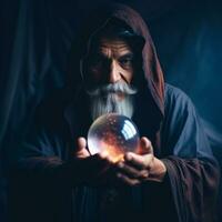 Man telling from a crystal ball dressed as a mysterious fortune teller AI Generative photo