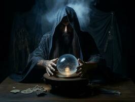 Man telling from a crystal ball dressed as a mysterious fortune teller AI Generative photo