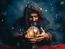 Man telling from a crystal ball dressed as a mysterious fortune teller AI Generative photo