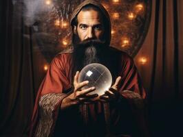 hombre narración desde un cristal pelota vestido como un misterioso fortuna cajero ai generativo foto