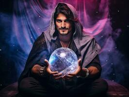 Man telling from a crystal ball dressed as a mysterious fortune teller AI Generative photo