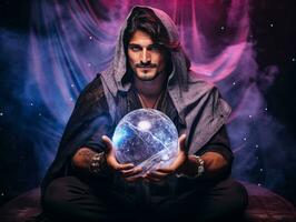 Man telling from a crystal ball dressed as a mysterious fortune teller AI Generative photo